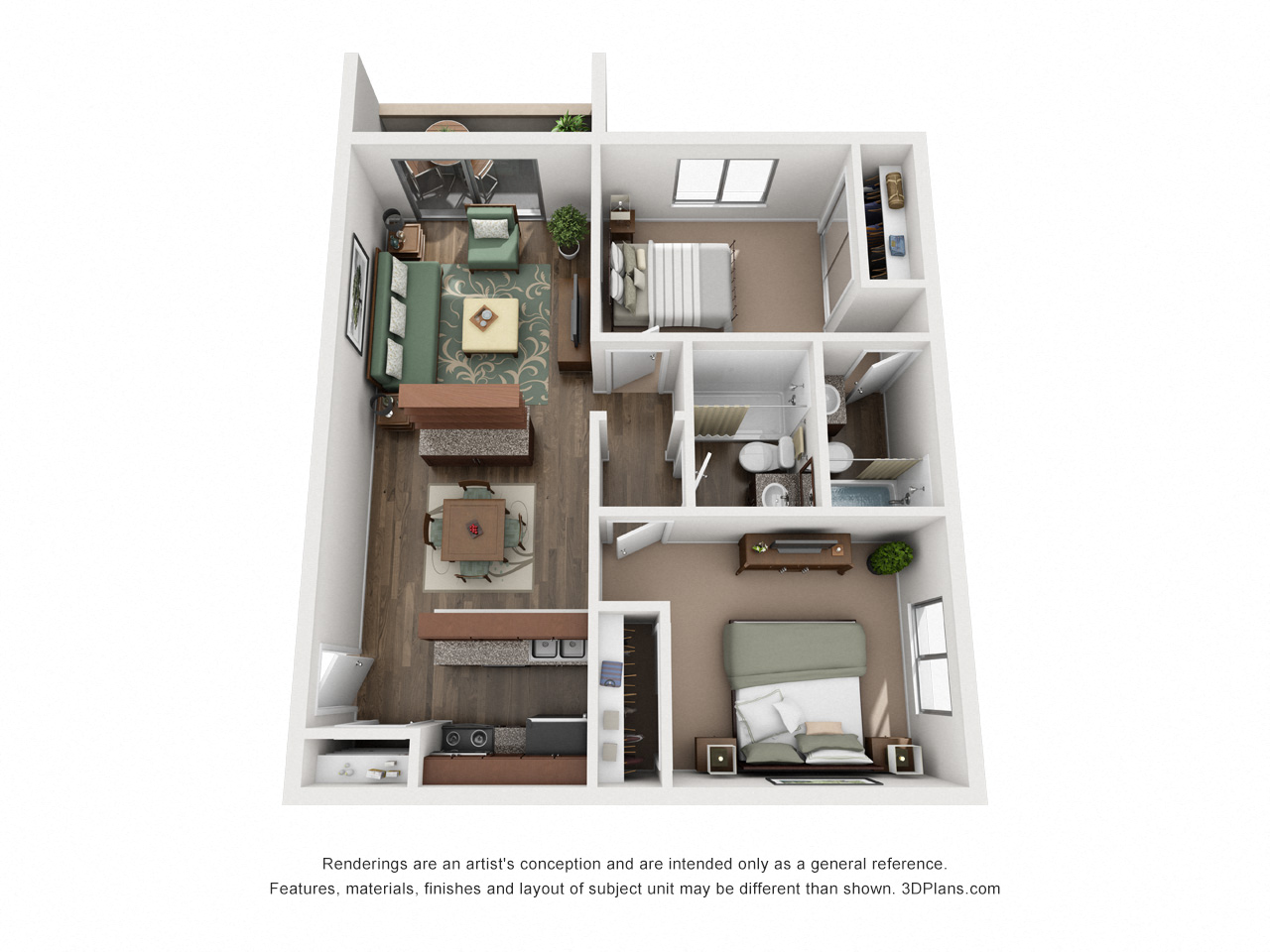 Floor plan for 2 beds, 2 baths, 972 sqft
